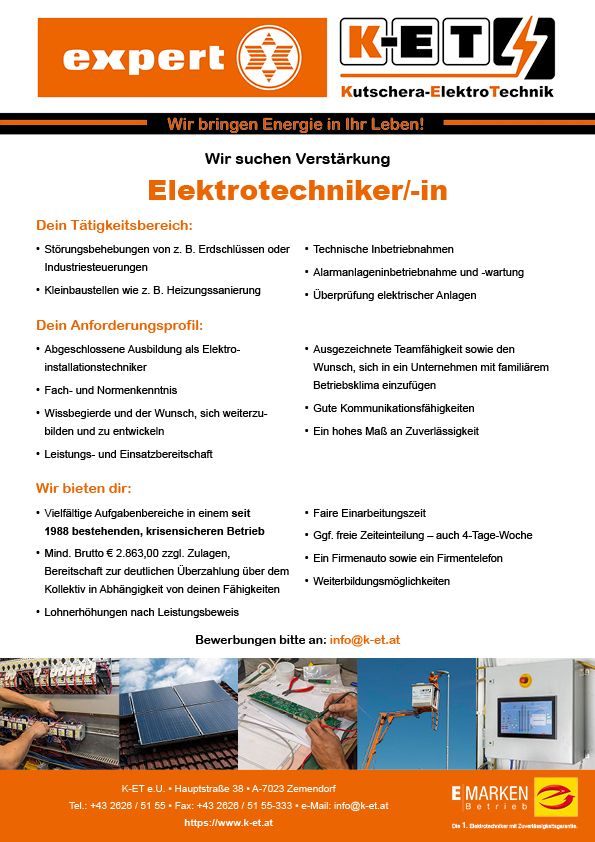 Stellenanzeige für Elektriker/-in für K-ET